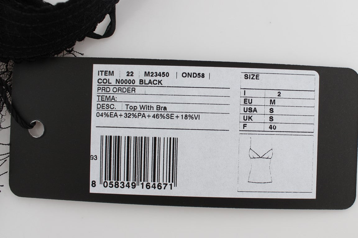 Schwarzes Seidenunterwäsche-Top mit floraler Spitze