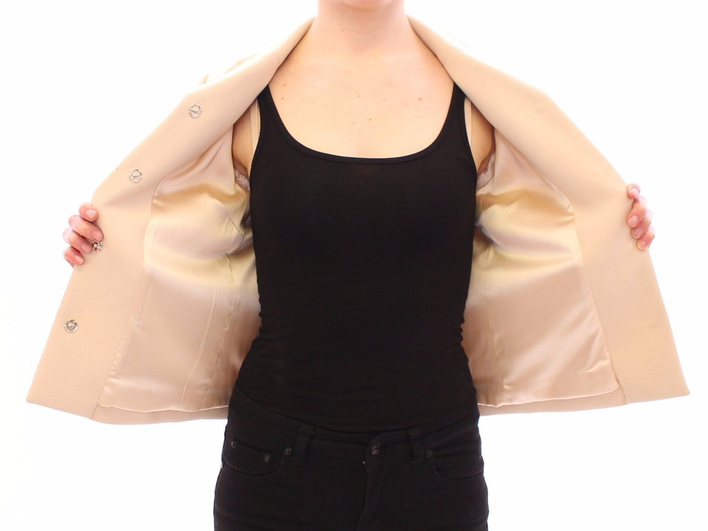 Beige Wolle Perle Knopf Jacke Blazer Mantel