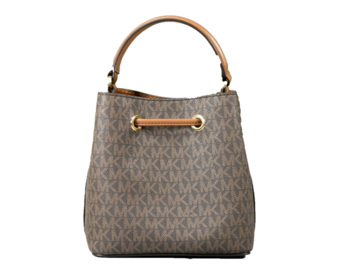 Suri Small Leather Bucket Crossbody Drawstring Hobo Handtasche (Brown Signature)