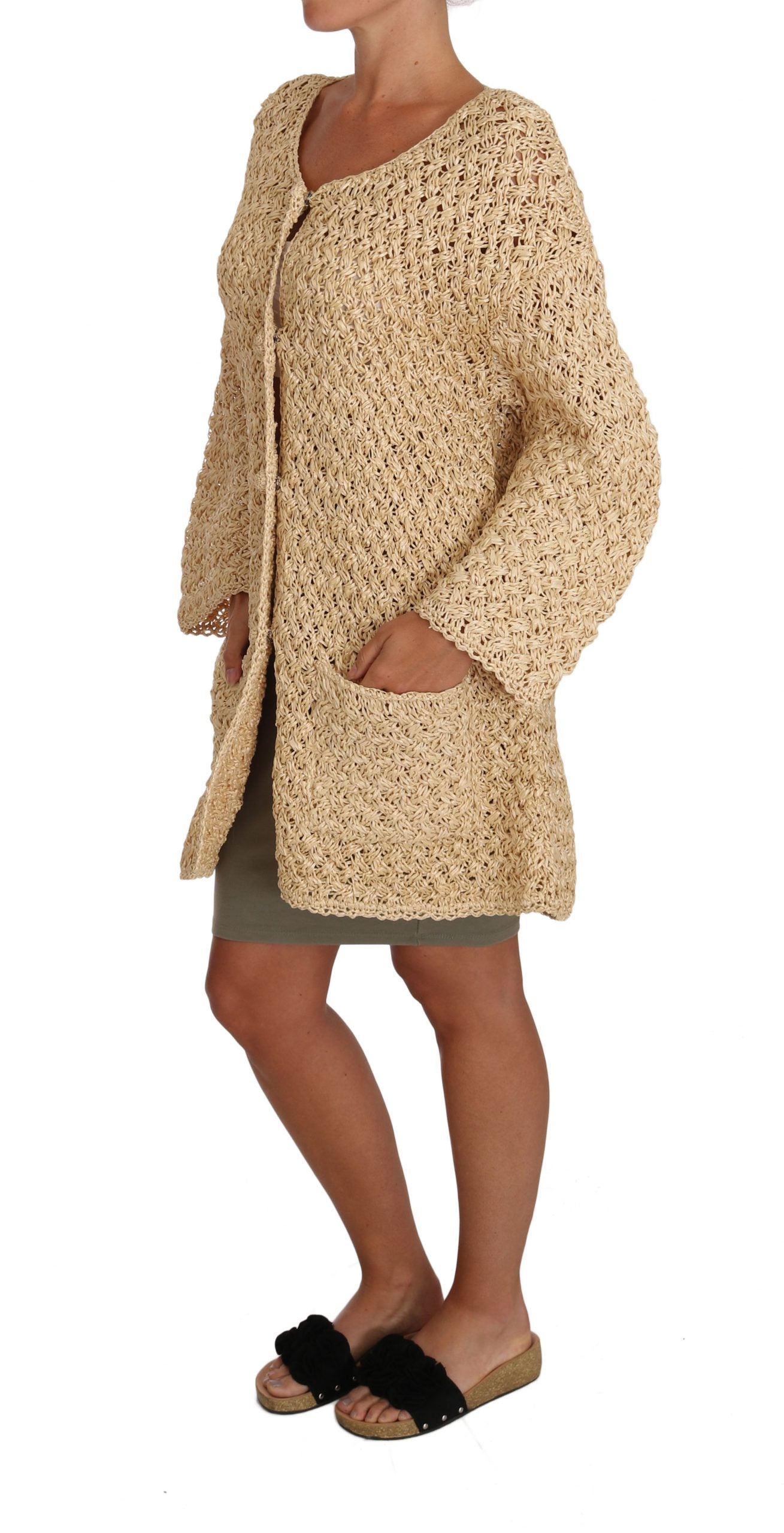 Beige Strickjacke gehäkelt gestrickt Raffia Pullover