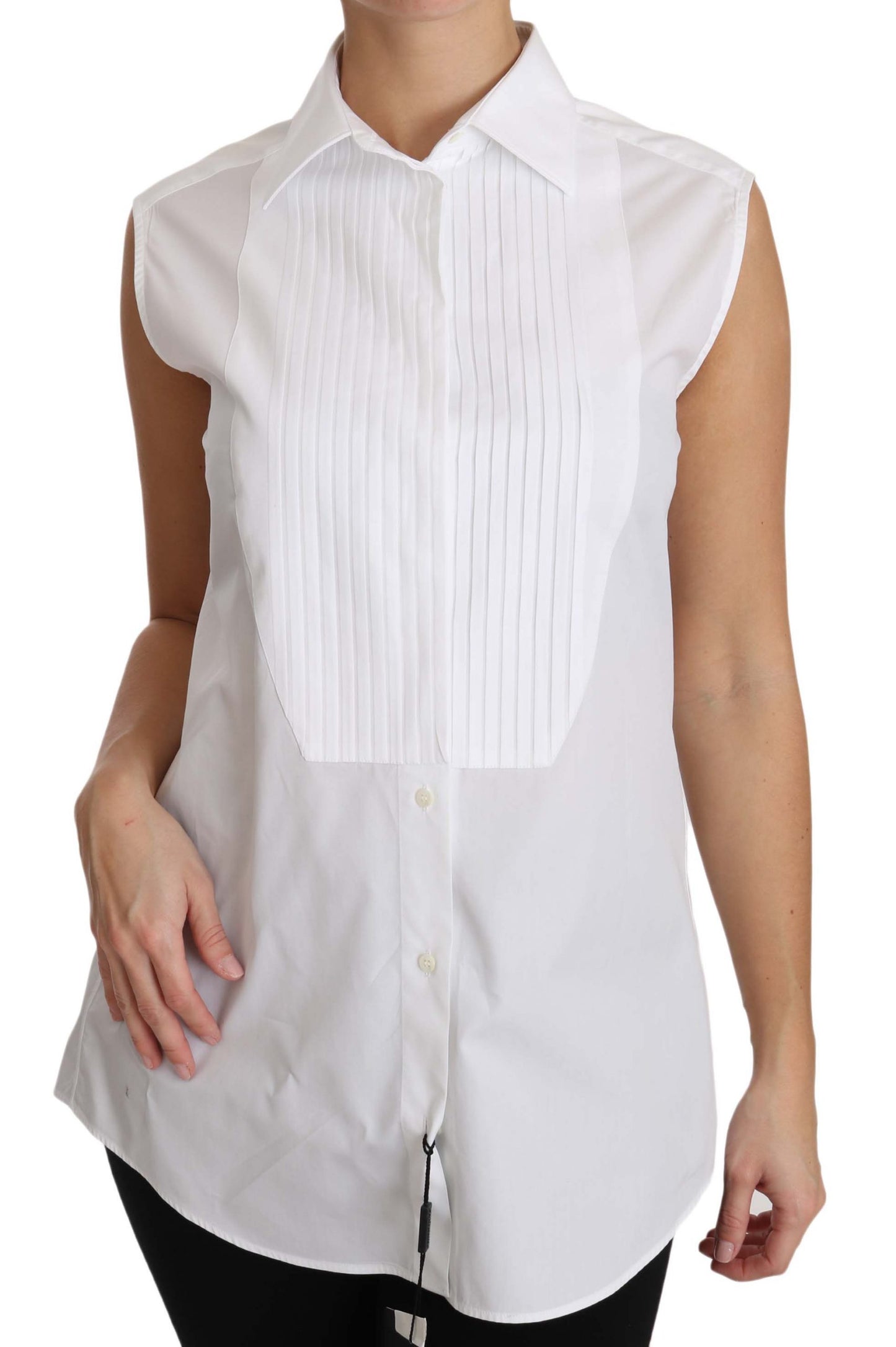 Weiß Baumwolle Kragen unten ärmellos Bluse Shirt