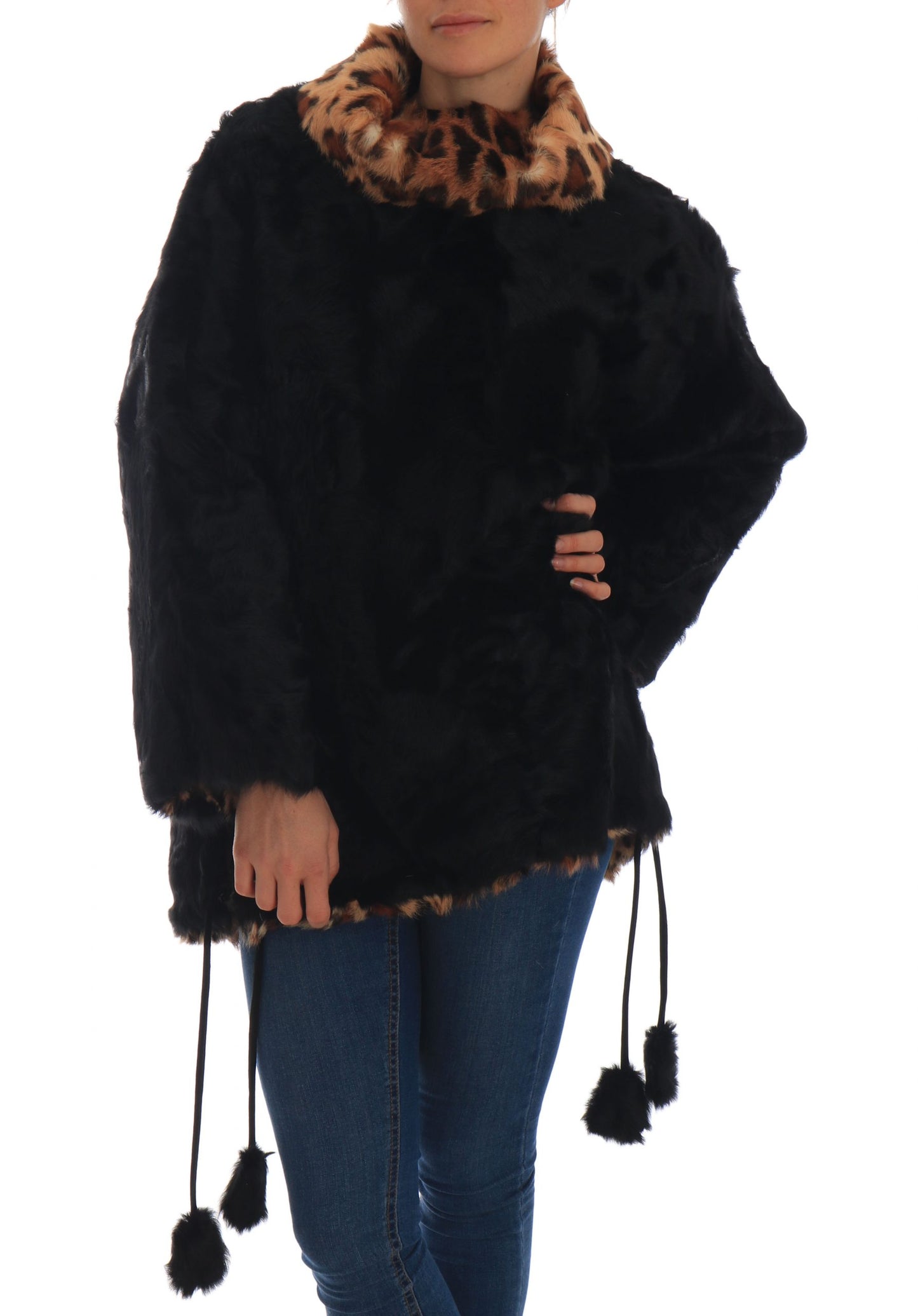 Schwarzer Lamm Leopard Print Pelzmantel Jacke