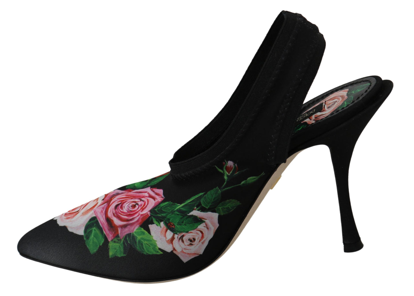 Schwarze Rosen Stretch Slingback Pumps Schuhe