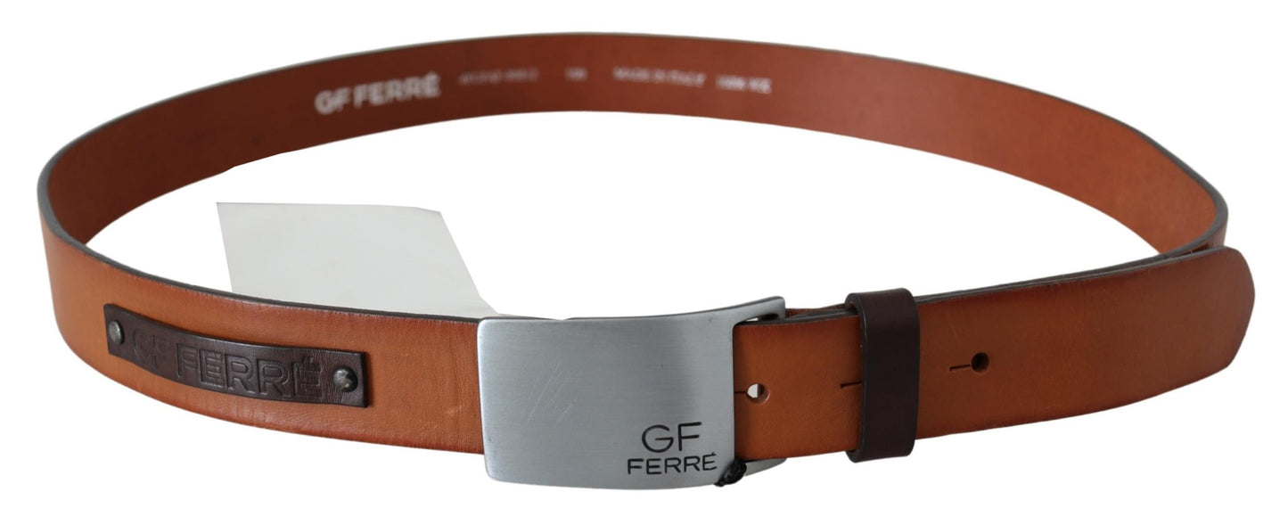 Braunes Leder Logo Silberne quadratische Metallschnalle Hüftgürtel