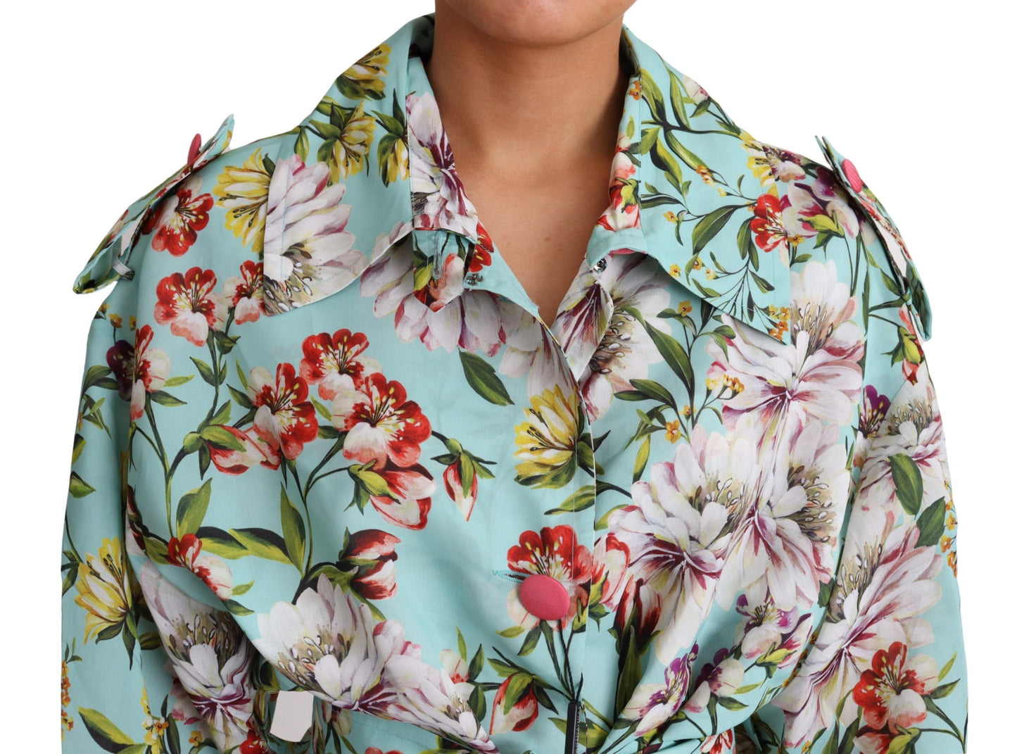 Blauer Seidengürtel mit Blumenmuster Trenchcoat Jacke