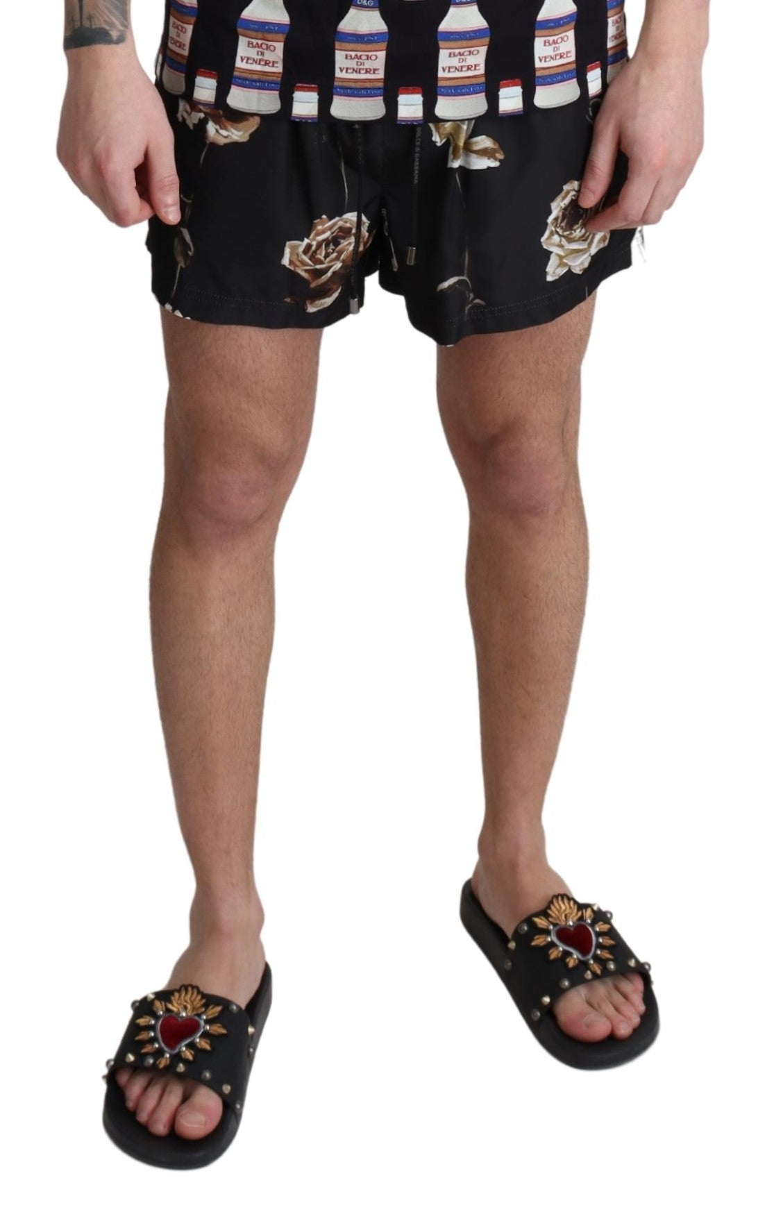 Schwarze Rose Print Beachwear Shorts Bademode