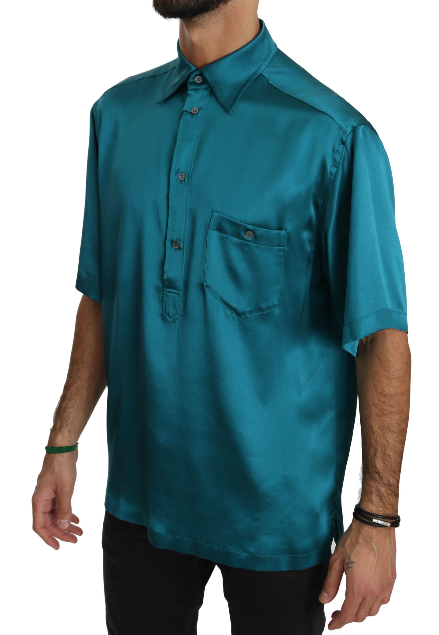 Blaues Kurzarmhemd aus 100% Seide