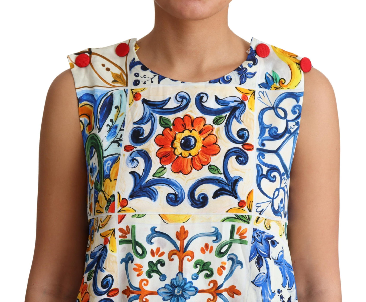 Weißes ärmelloses Kleid mit Majolika-Druck
