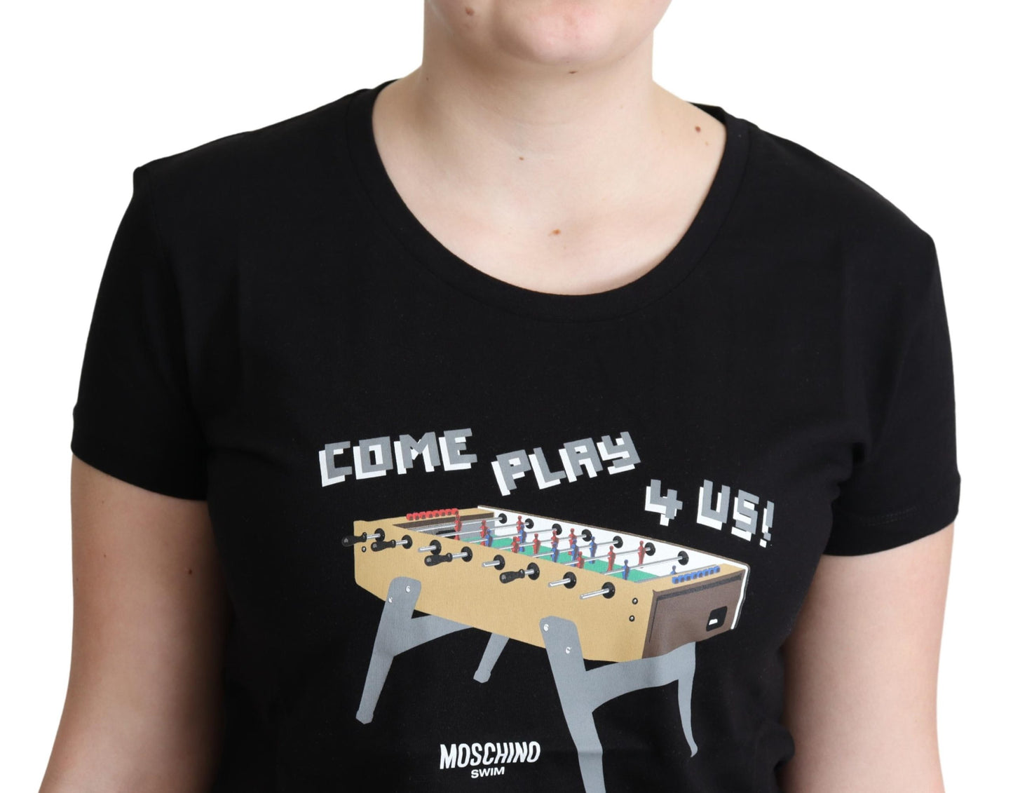 Schwarzes Baumwoll-T-Shirt Come Play 4 Us Print Tops