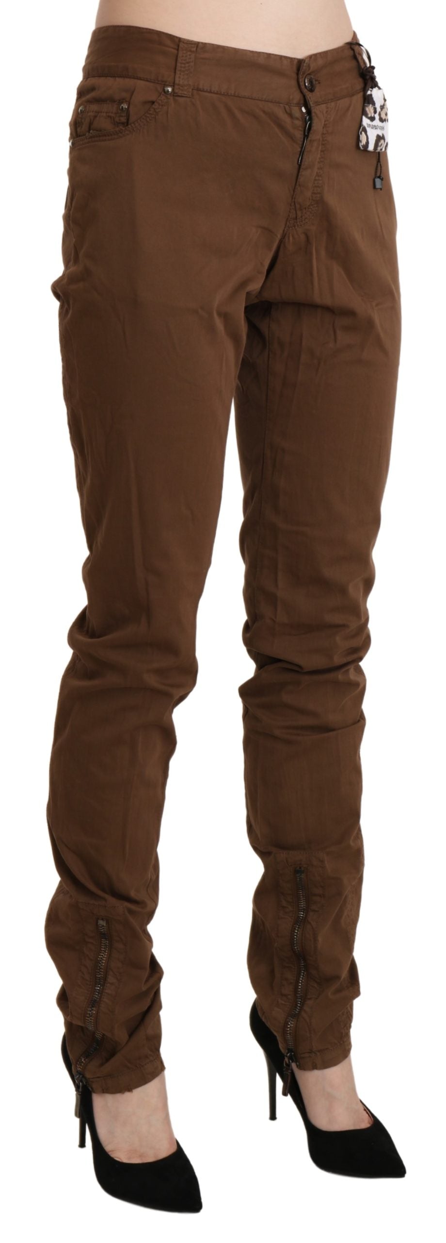 Braune Skinny-Hose mit hoher Taille aus Baumwolle