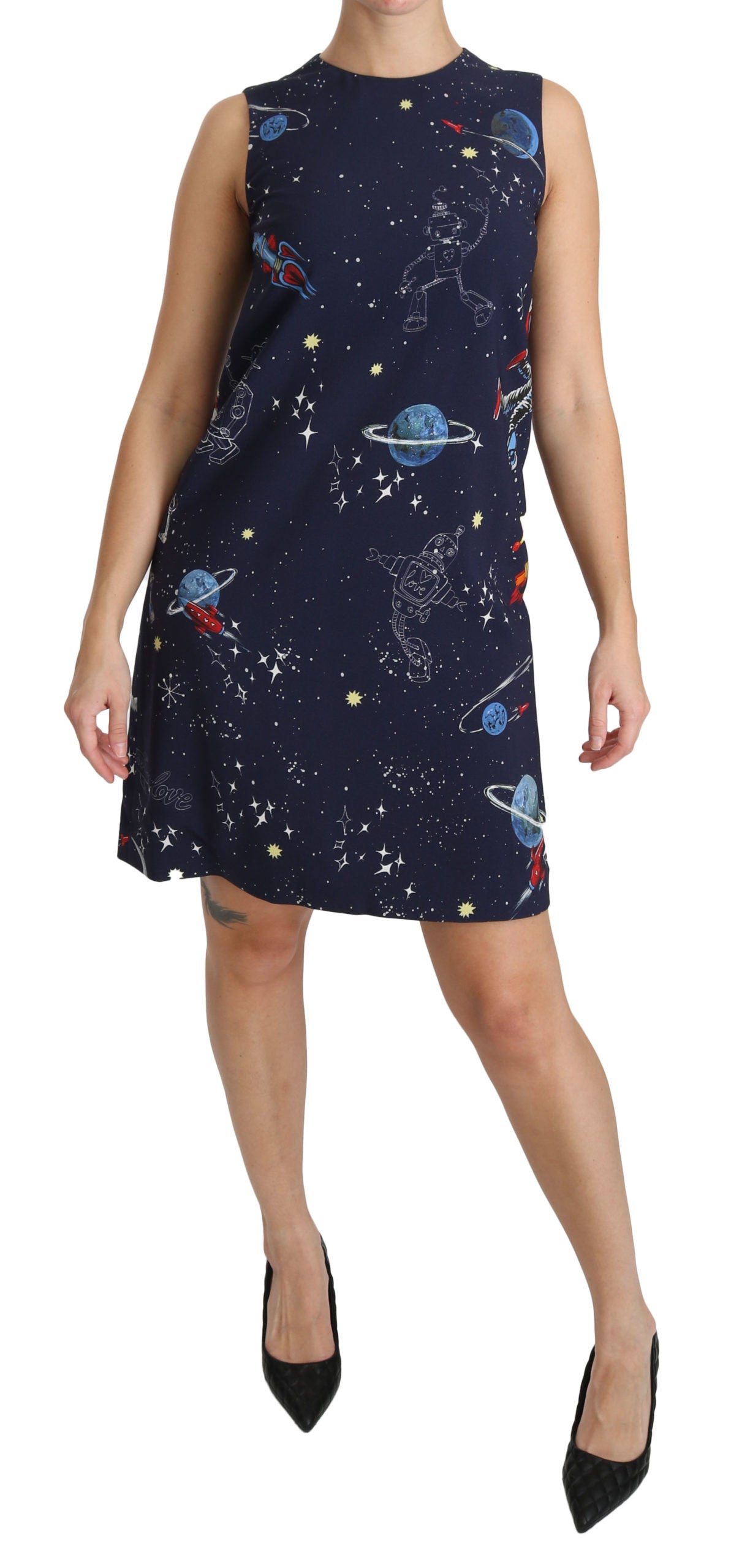 Blaues Viskose-Shiftkleid mit Planetendruck