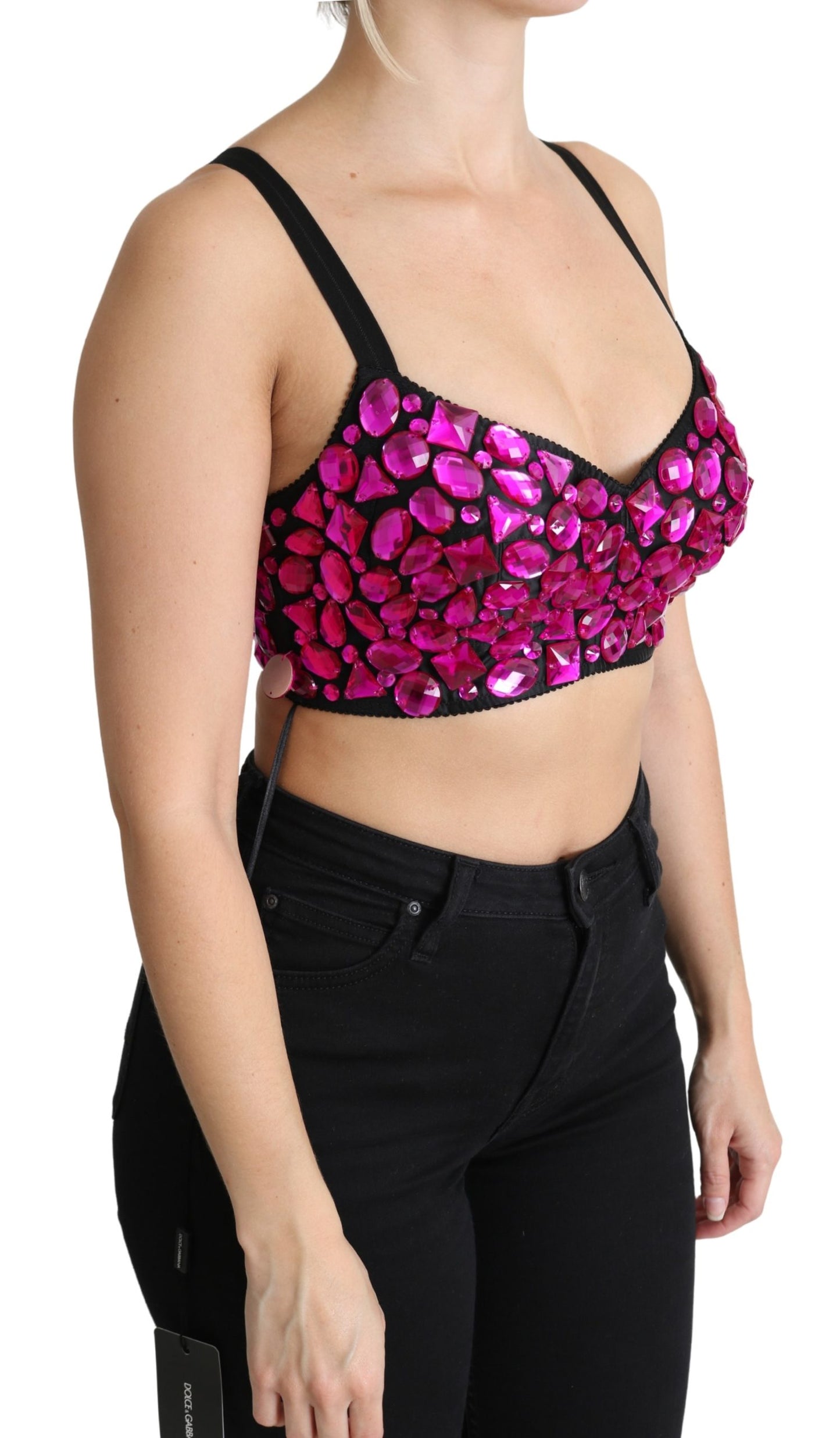 Schwarzes Bustier Fuchsia kristallbesetztes Cropped Top