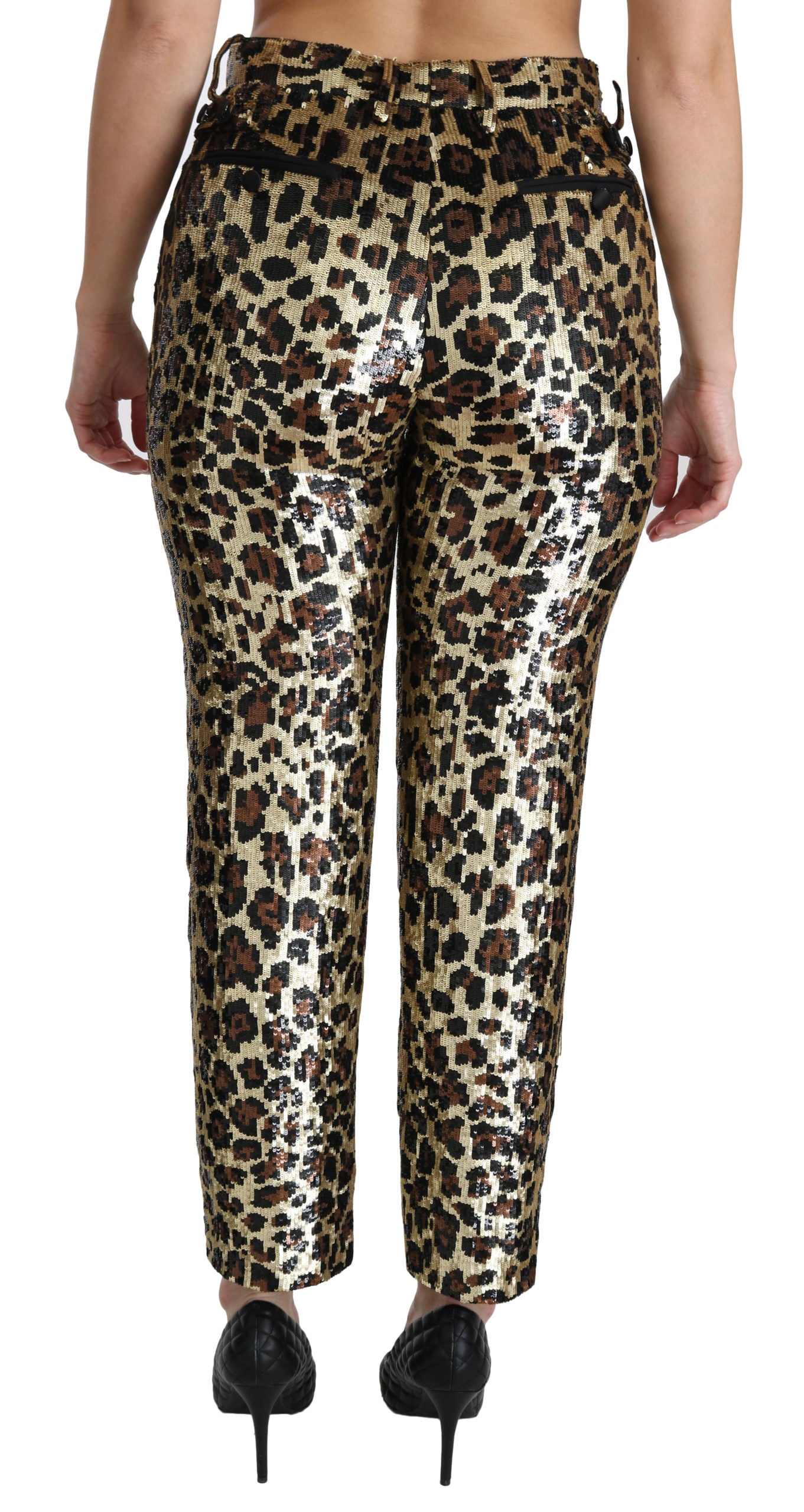 Braune Leoparden-Paillettenhose mit hoher Taille