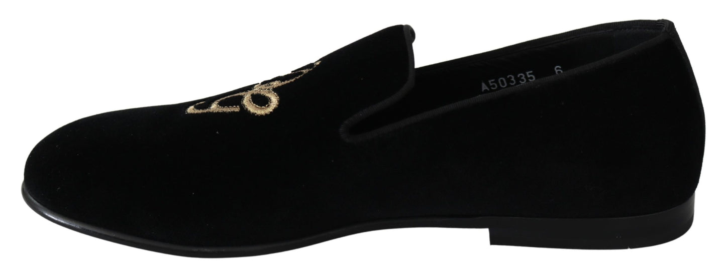 Schwarzer Samt Gold Slipper Loafers Schuhe