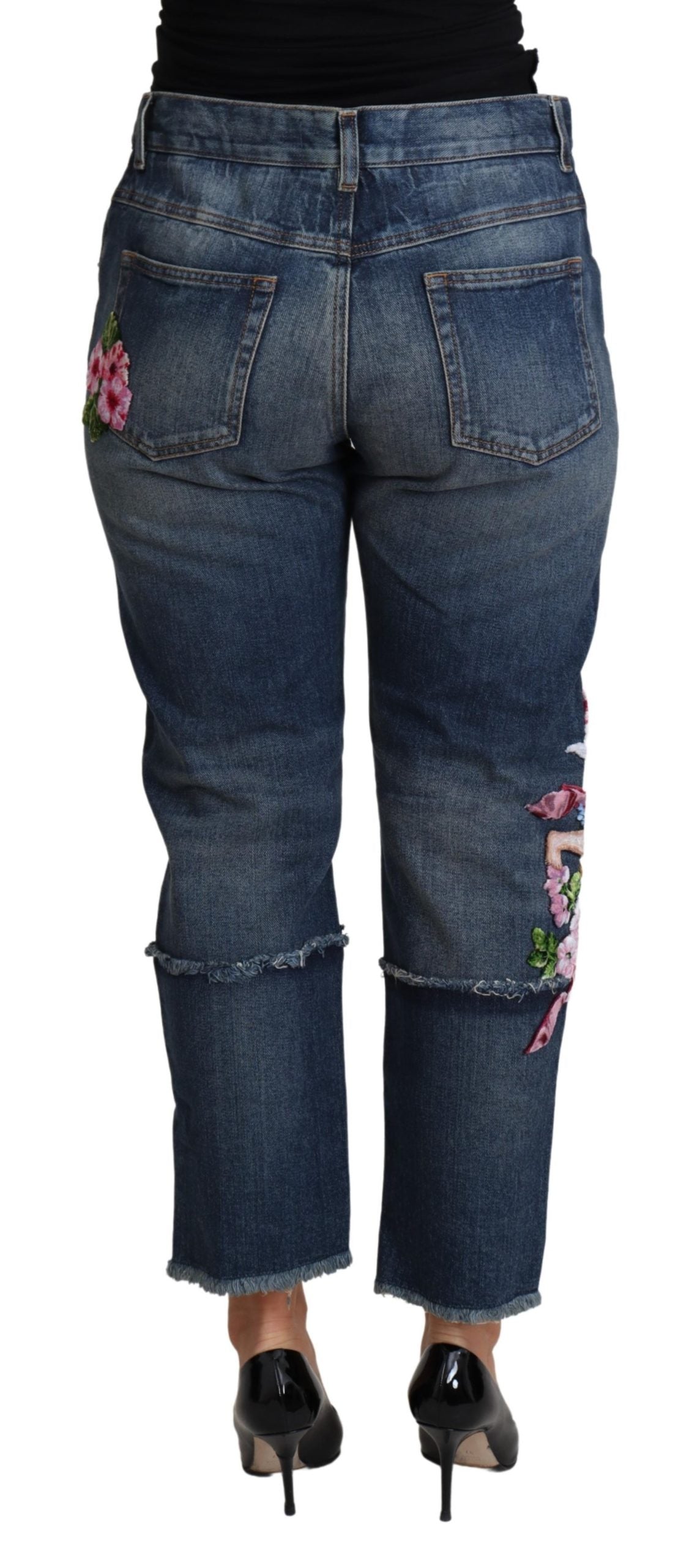 Blaue Baumwoll-Cropped-Jeans mit Blumenstickerei