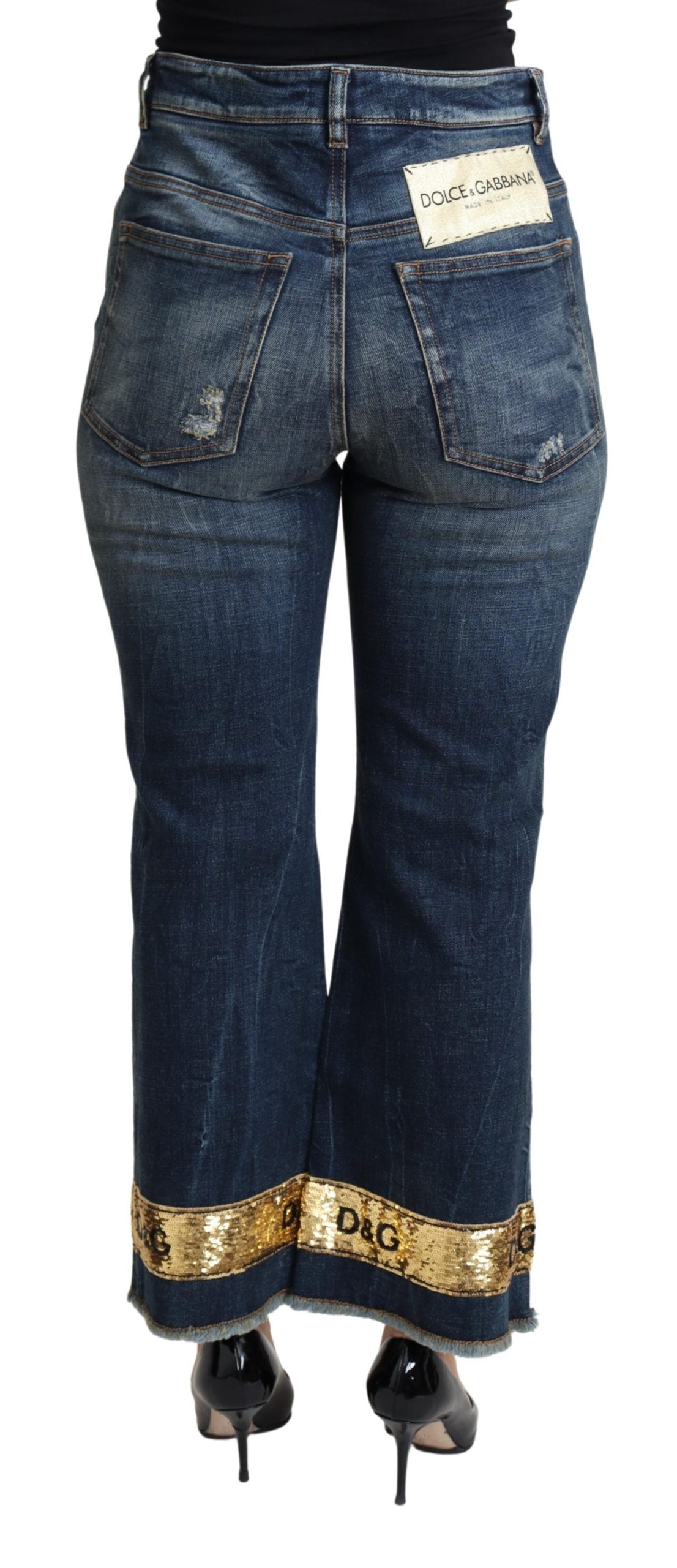 Blaue Baumwoll-Stretch-Pailletten-Cropped-Denim-Jeans