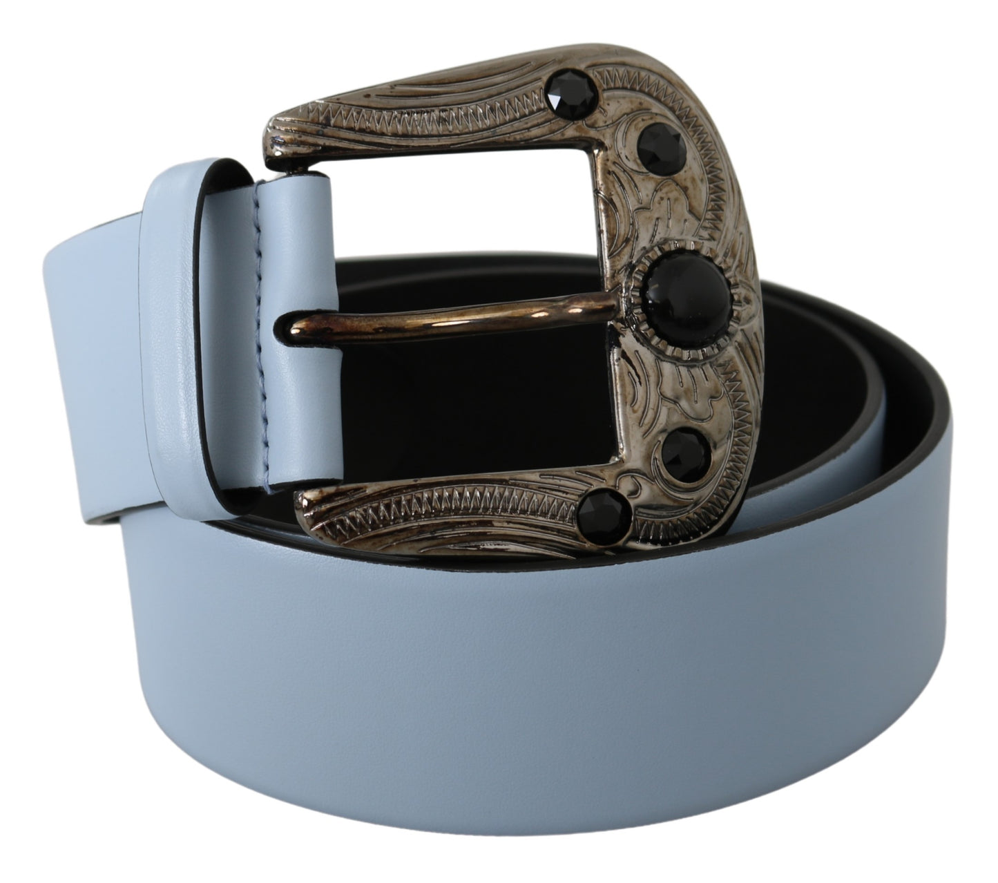 Schwarzer Perlenbarock Gürtel mit blauer Lederschnalle
