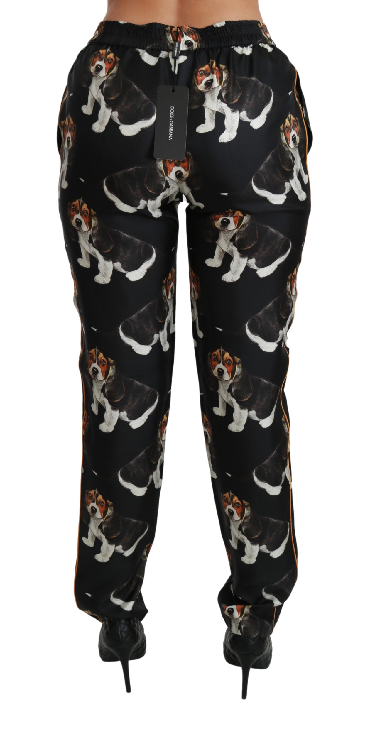 Schwarzer Welpenhund Mittlere Taille Skinny Seidenhosen