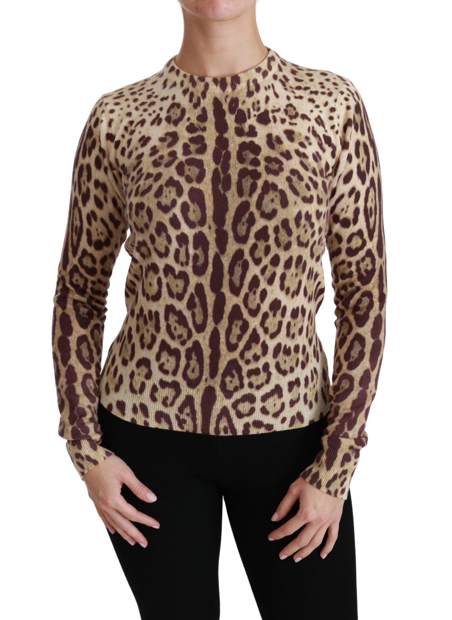 Brauner Leoparden-Langarmpullover Kaschmir-Oberteil