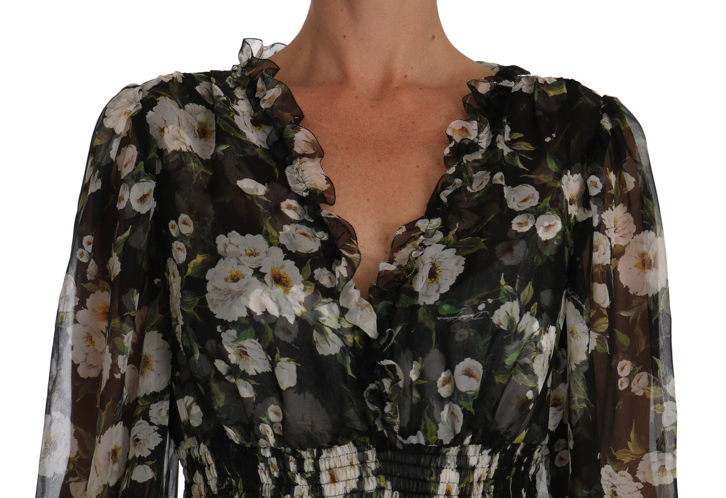Schwarzes Daisy Floral Silk Shift Kleid in A-Linie