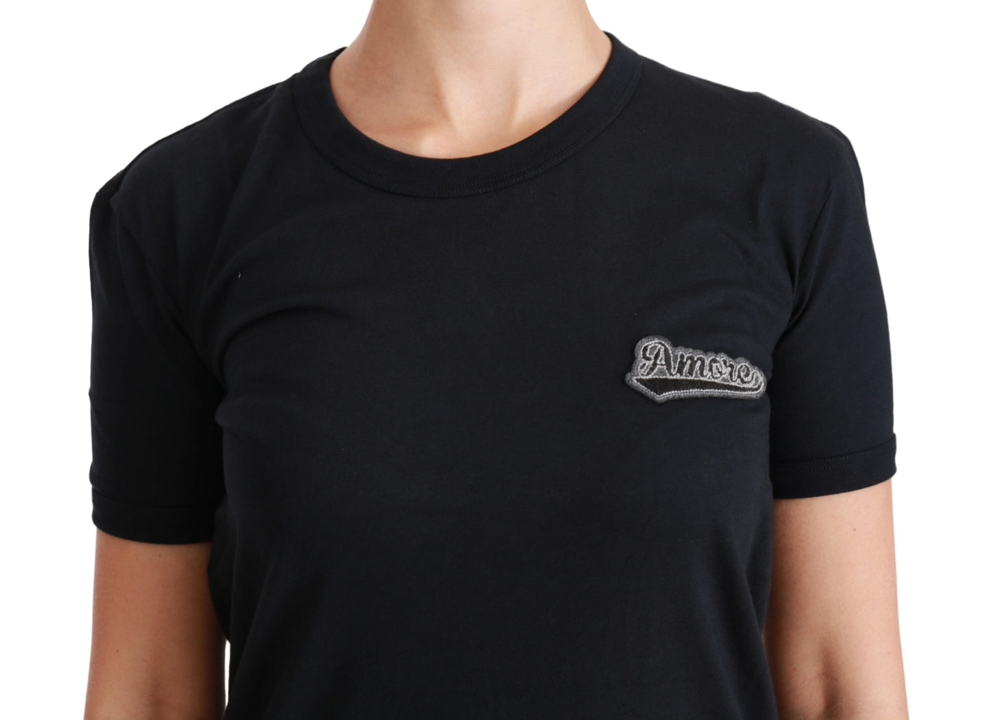 Blaues Amore Patch Baumwoll-T-Shirt mit Rundhalsausschnitt