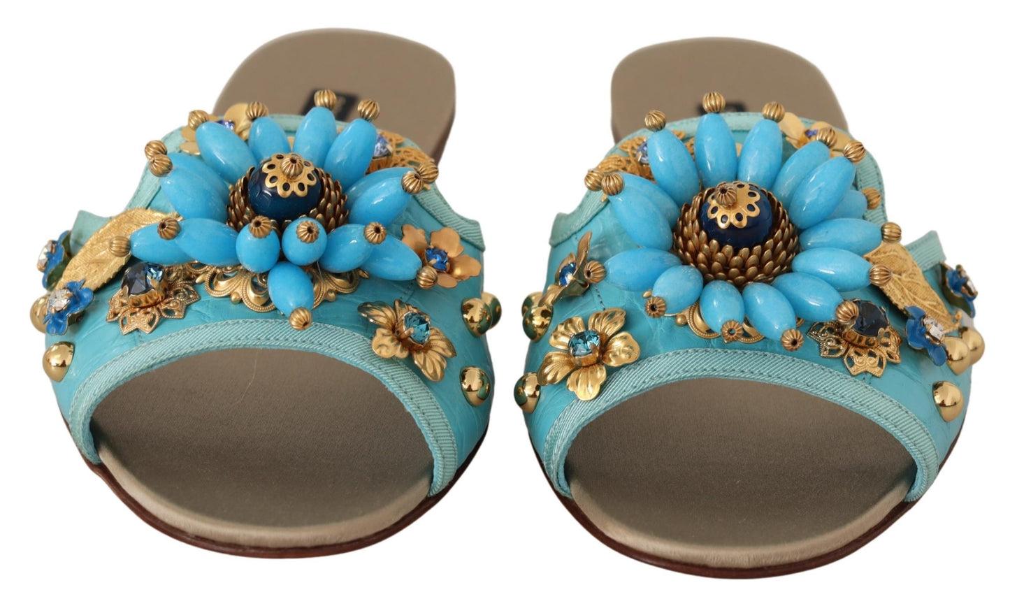 Blau Beige Kristall Sandalen Exotische Leder Schuhe