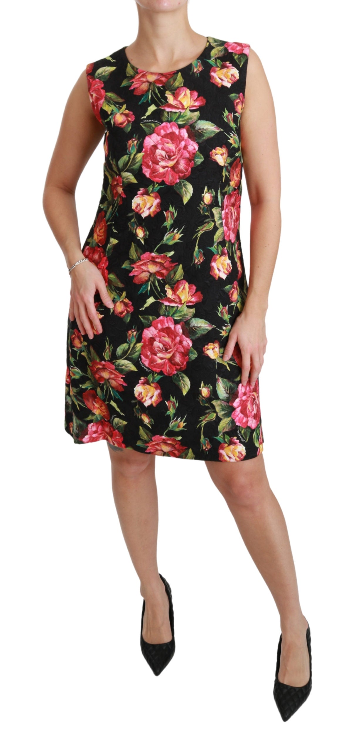 Schwarzes geblümtes A-Linien-Minikleid