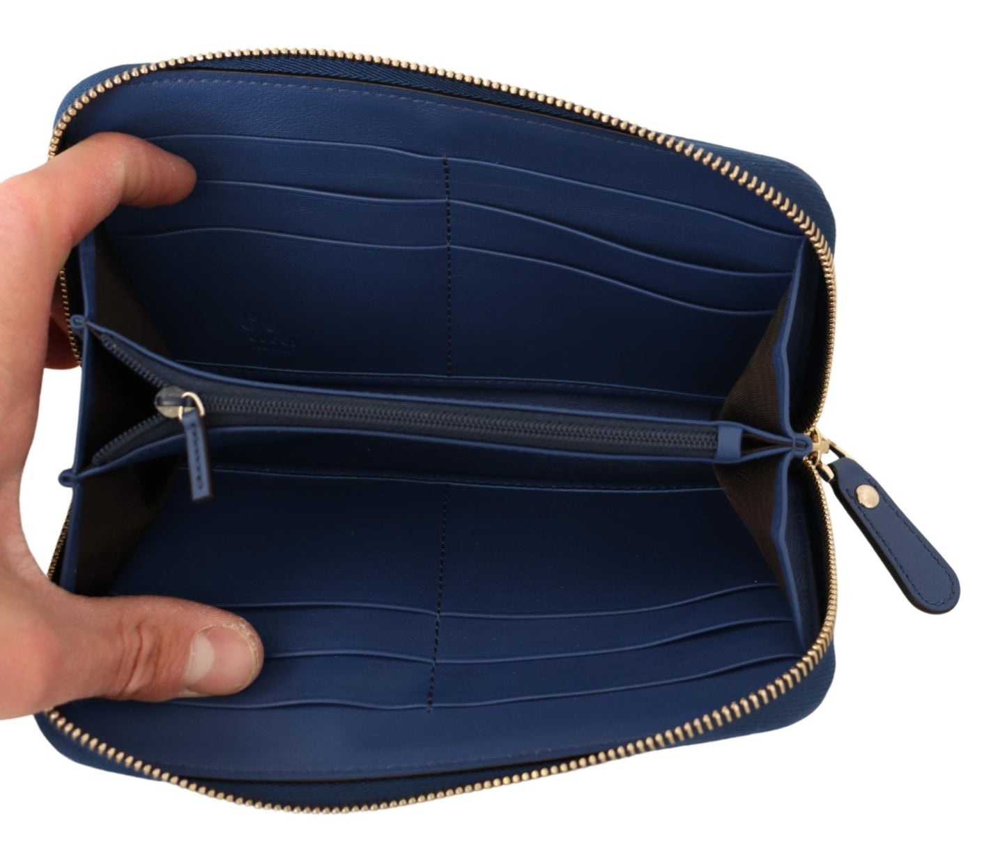 Blaues Leder Micro Guccissima Zip Around Wallet