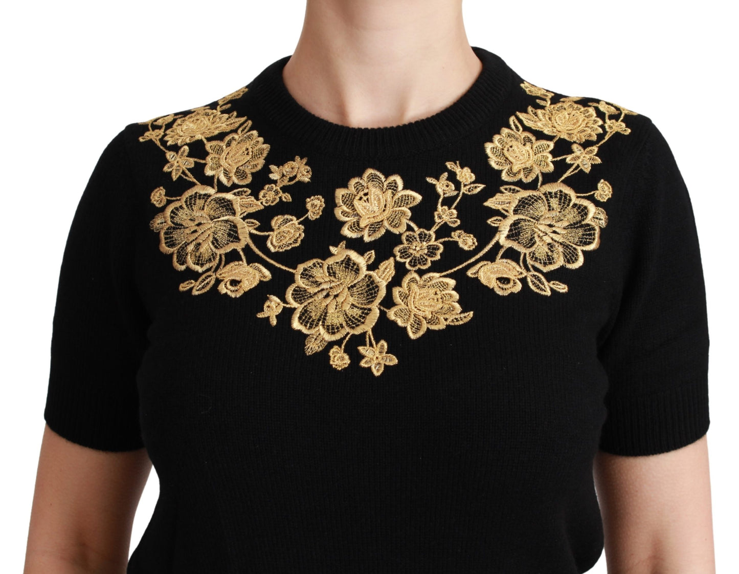 Schwarzer Kaschmir Gold Floral Pullover Top