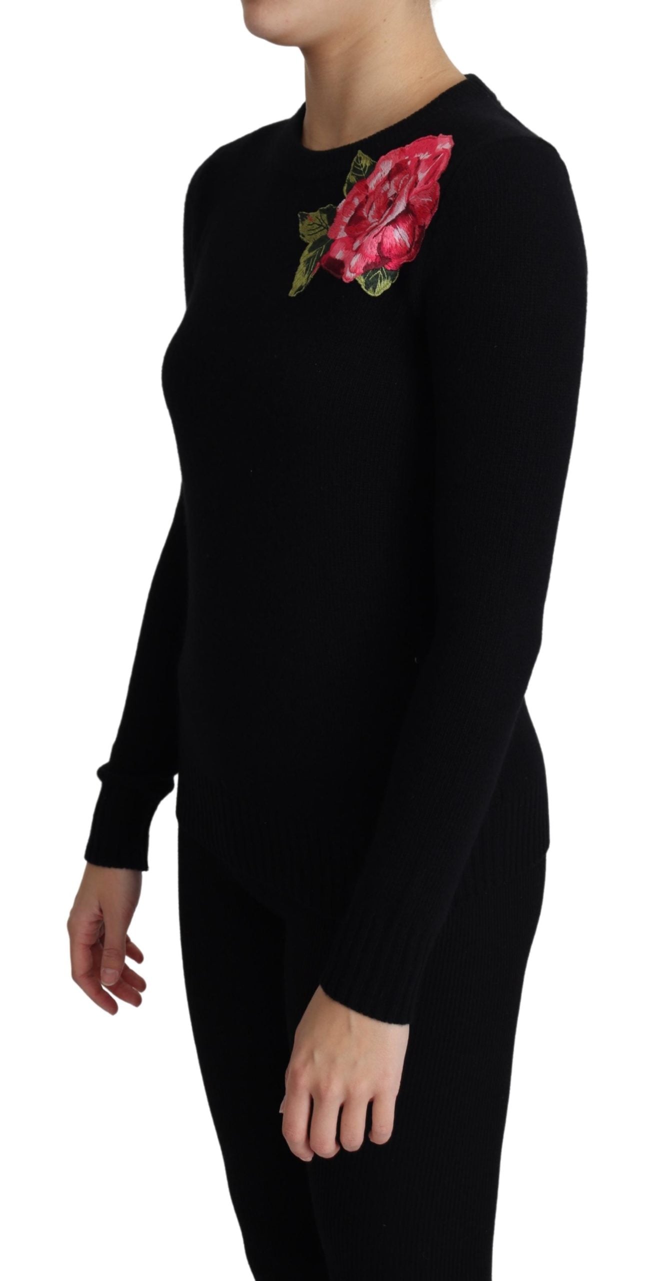 Schwarzer Pullover mit Blumenstickerei aus Wolle