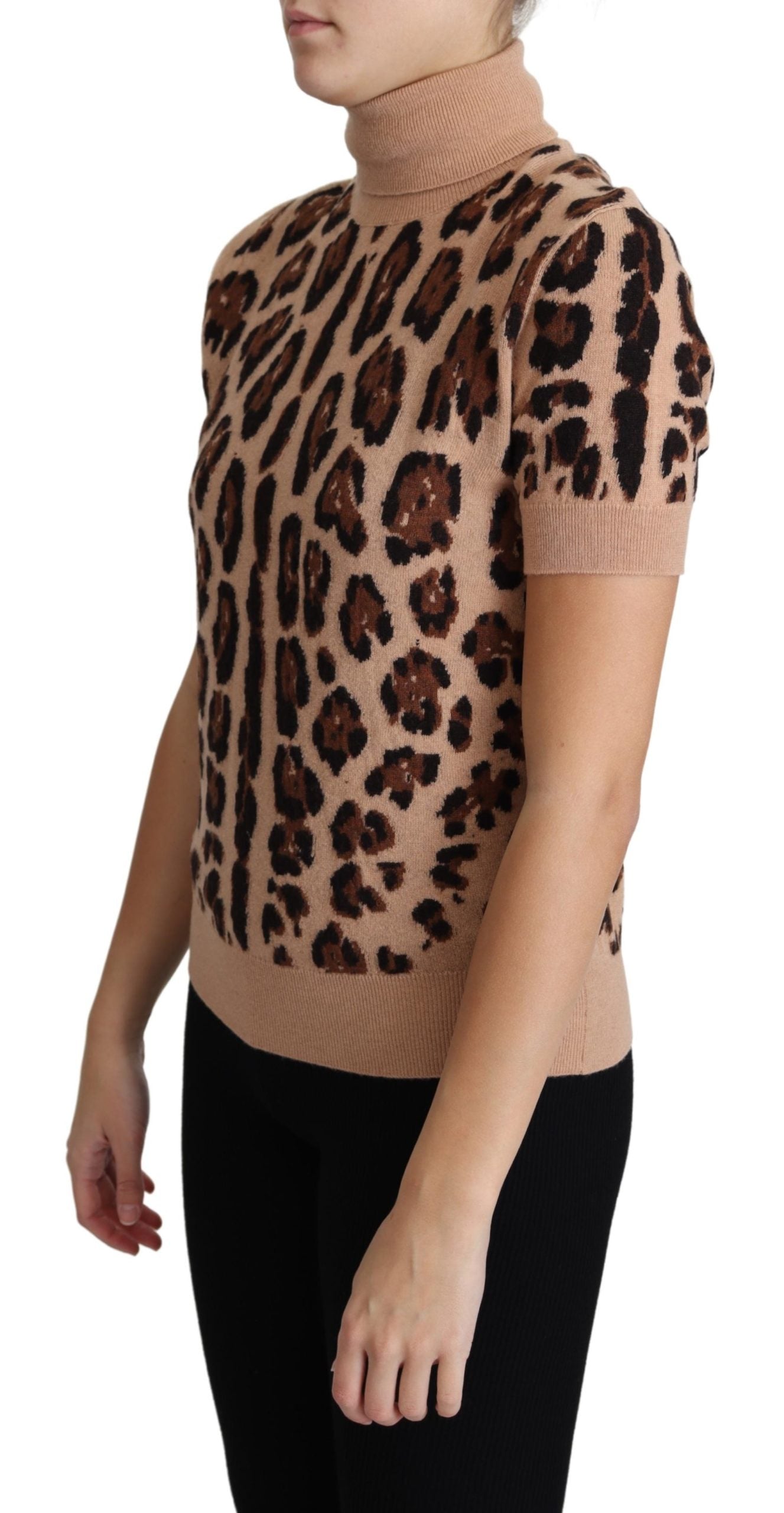 Beigefarbener Leopardenprint-Rollkragenpullover aus Schurwolle