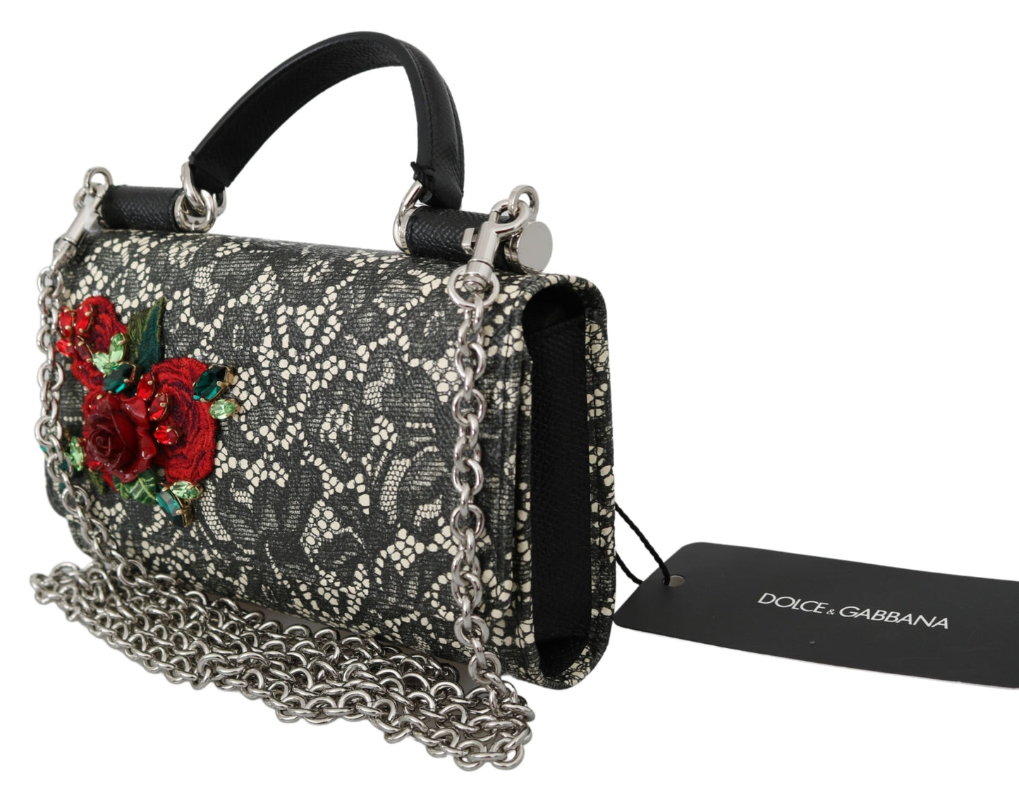 Schwarze Spitze Leder Kristall Rosen Sicily Von Geldbeutel Tasche