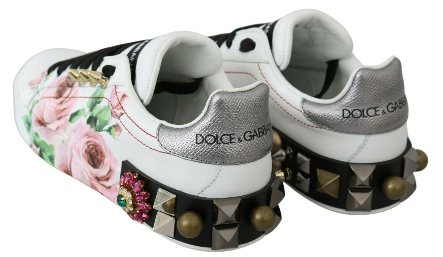 Weißes Leder Kristall Rosen Floral Turnschuhe Schuhe