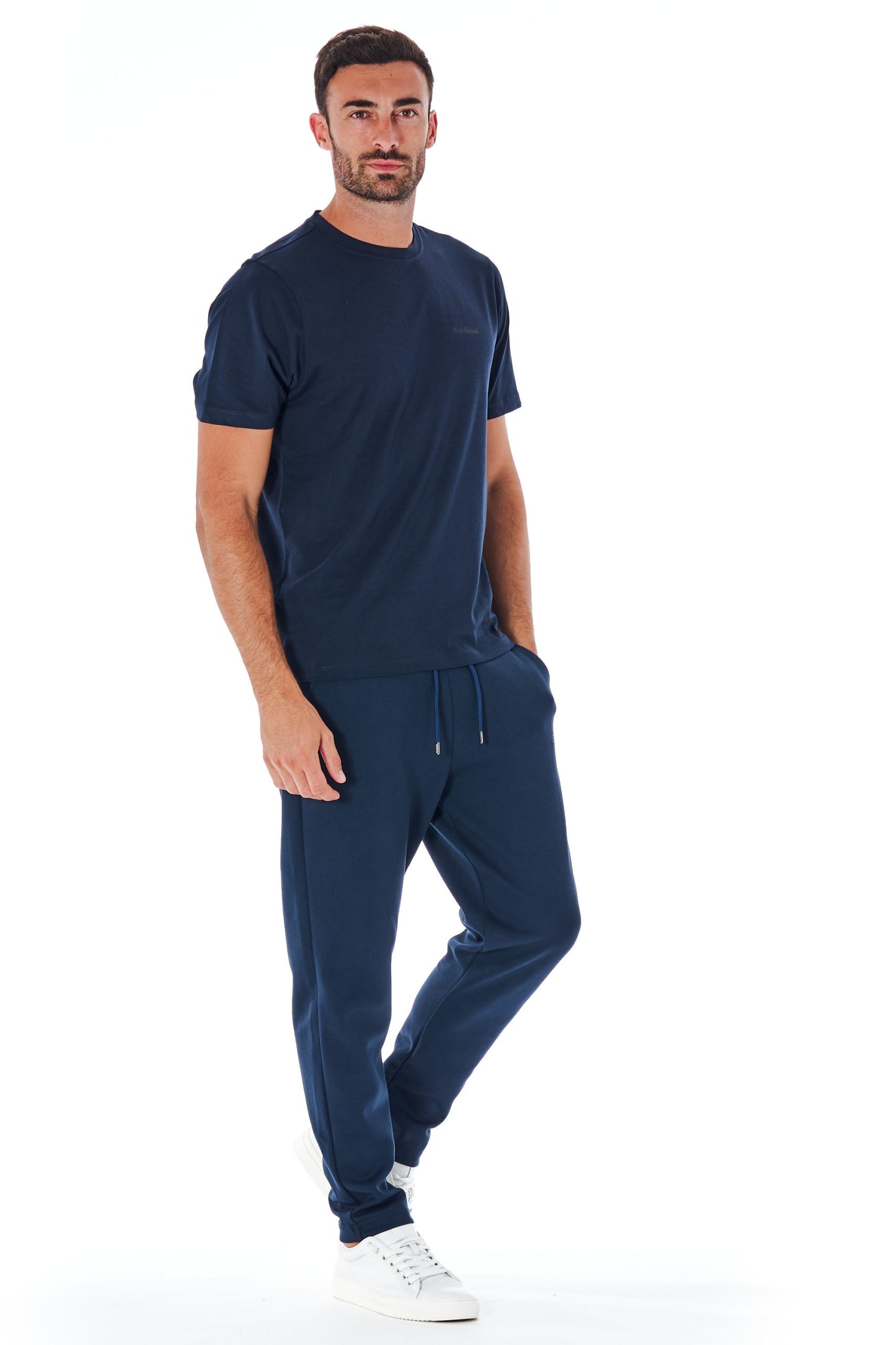 Blaues Baumwoll-T-Shirt mit kurzen Ärmeln und Logo vorne