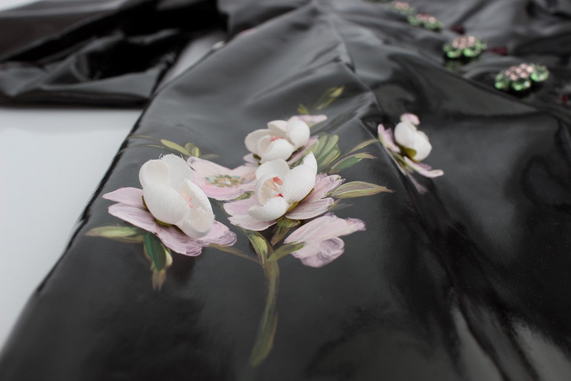 Schwarzes Lackkleid mit Blumen HANDPAINTED