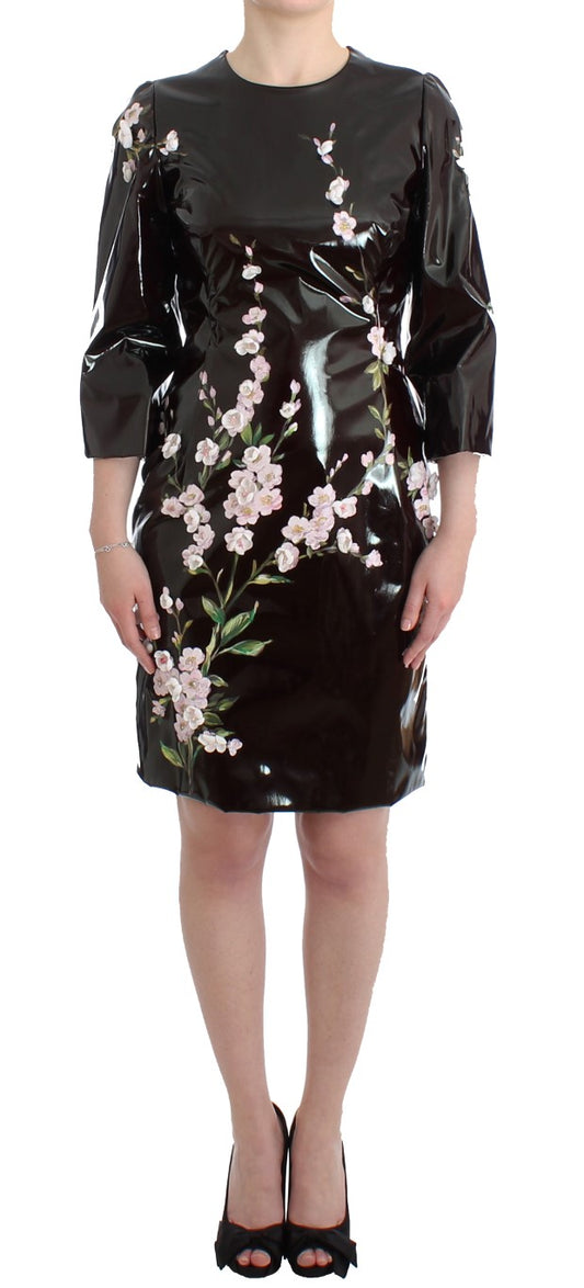 Schwarzes Lackkleid mit Blumen HANDPAINTED