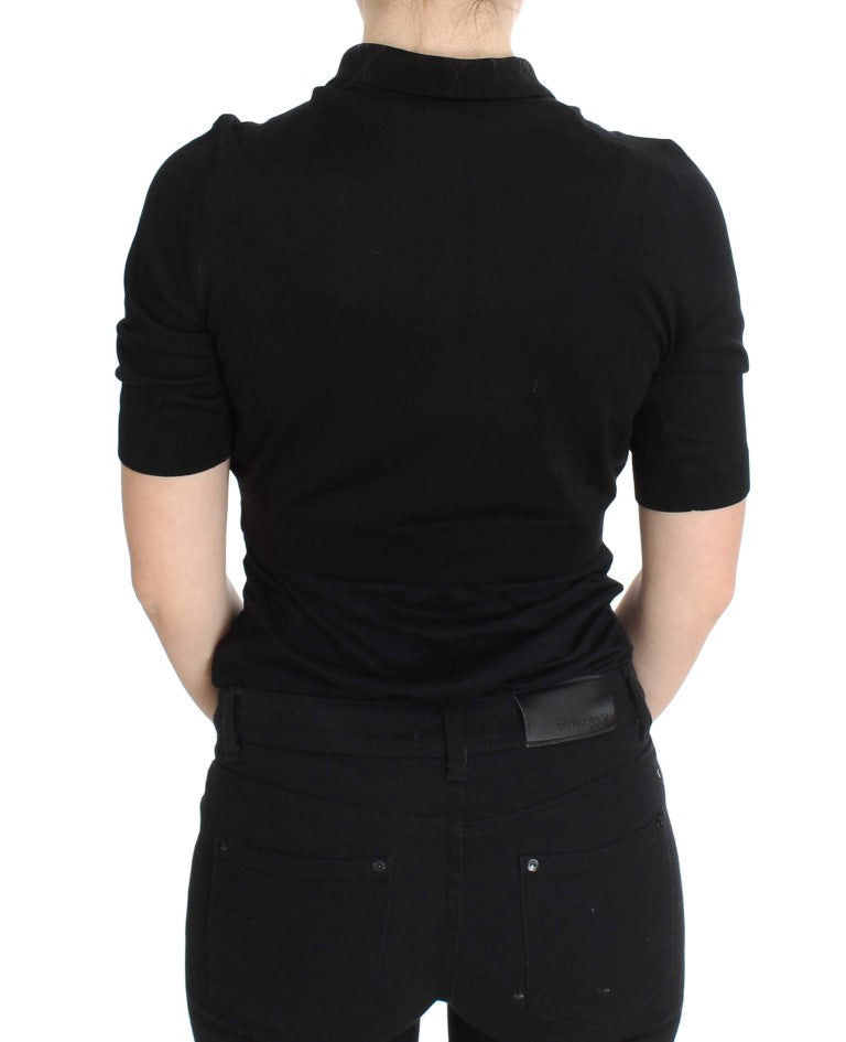 Schwarzes Poloshirt mit Blumenstickerei aus Seide