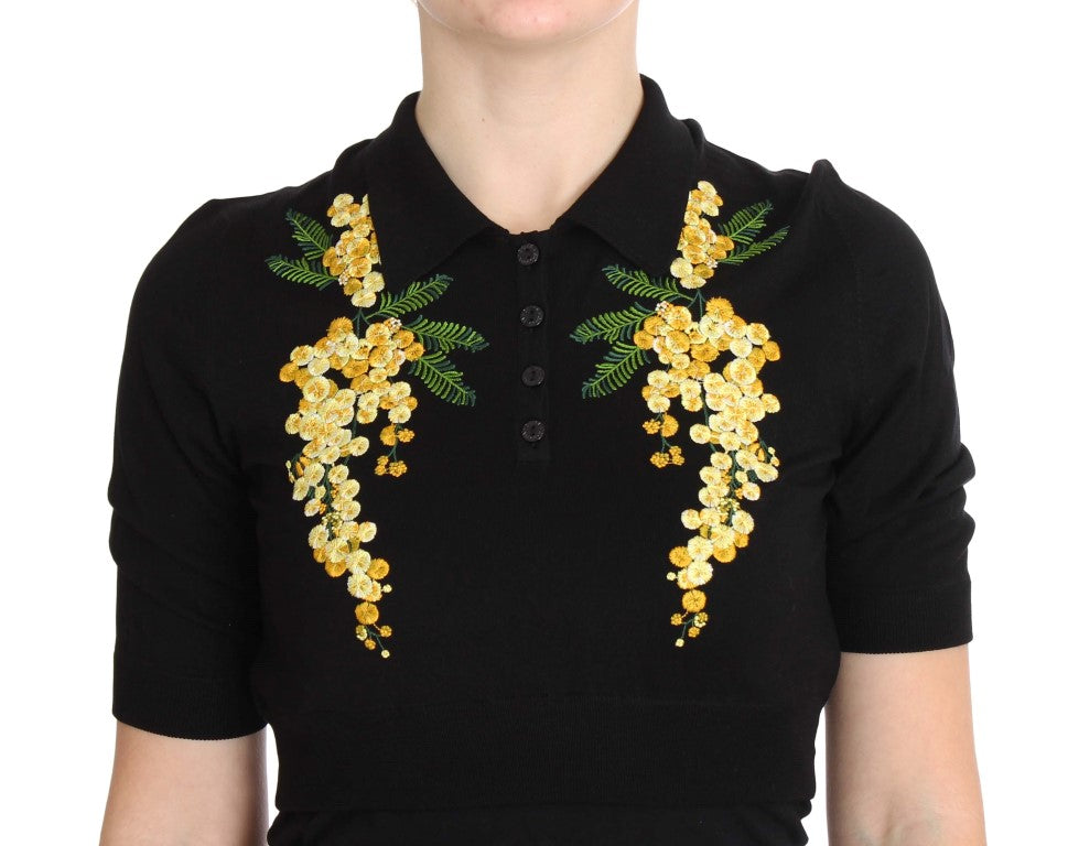 Schwarzes Poloshirt mit Blumenstickerei aus Seide