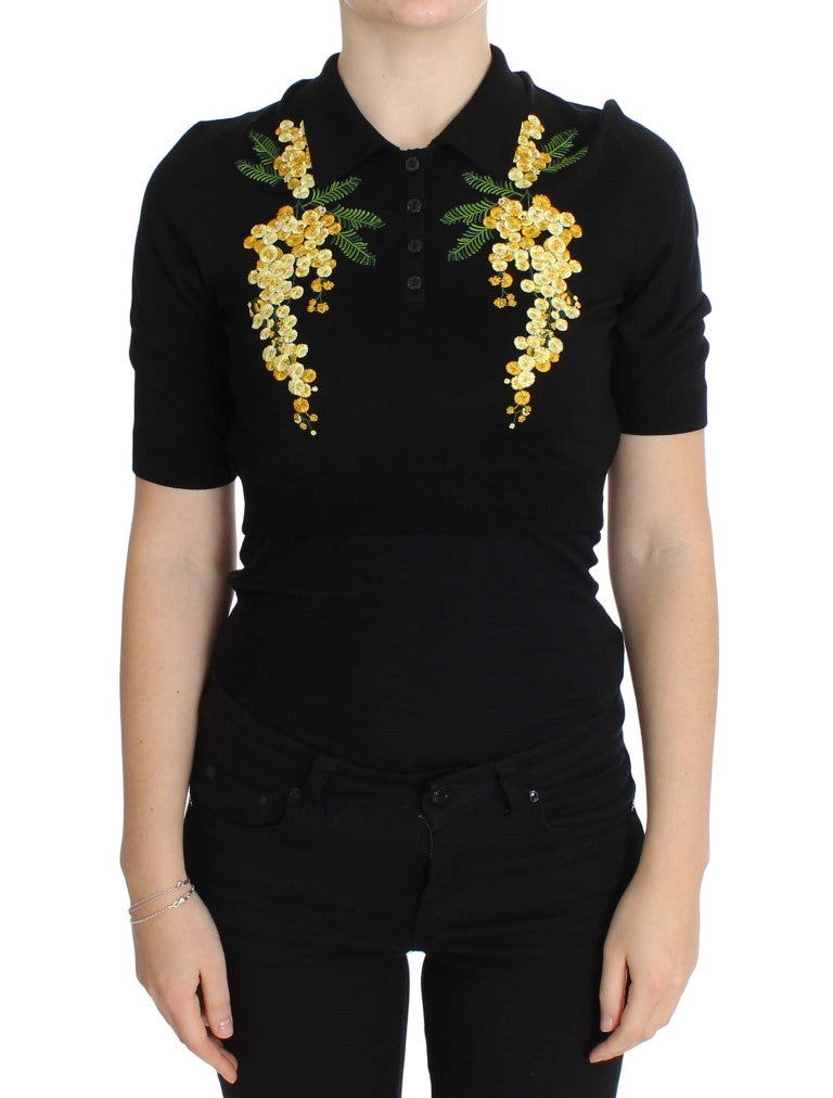 Schwarzes Poloshirt mit Blumenstickerei aus Seide