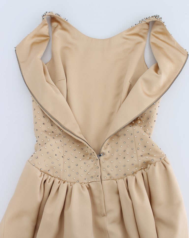 Beigefarbenes kristallverziertes Etuikleid