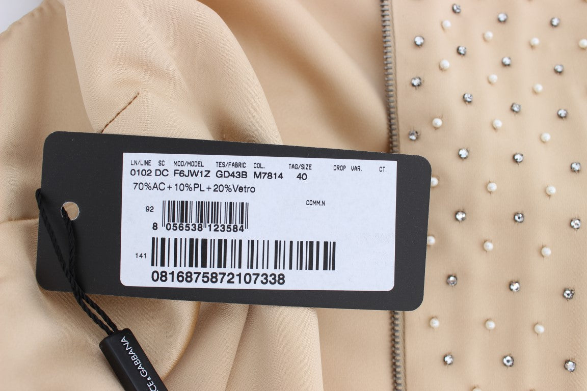 Beigefarbenes kristallverziertes Etuikleid