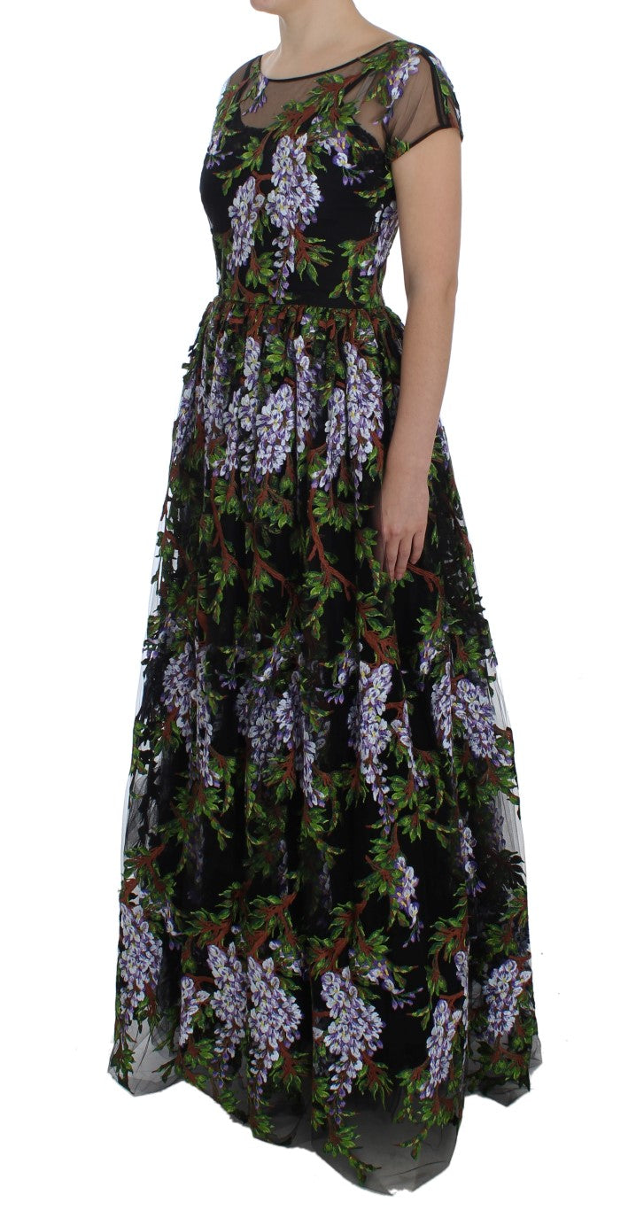 Schwarzes floral besticktes Maxikleid