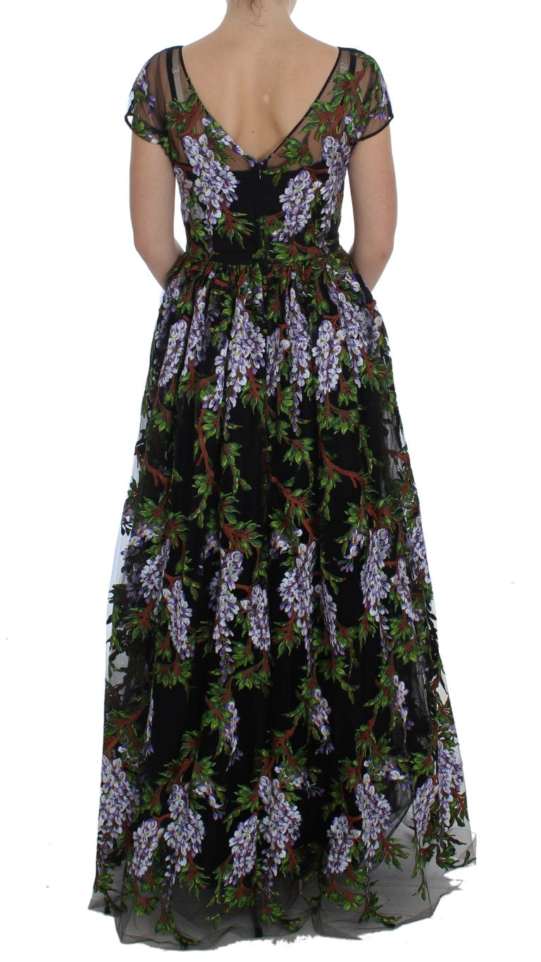 Schwarzes floral besticktes Maxikleid