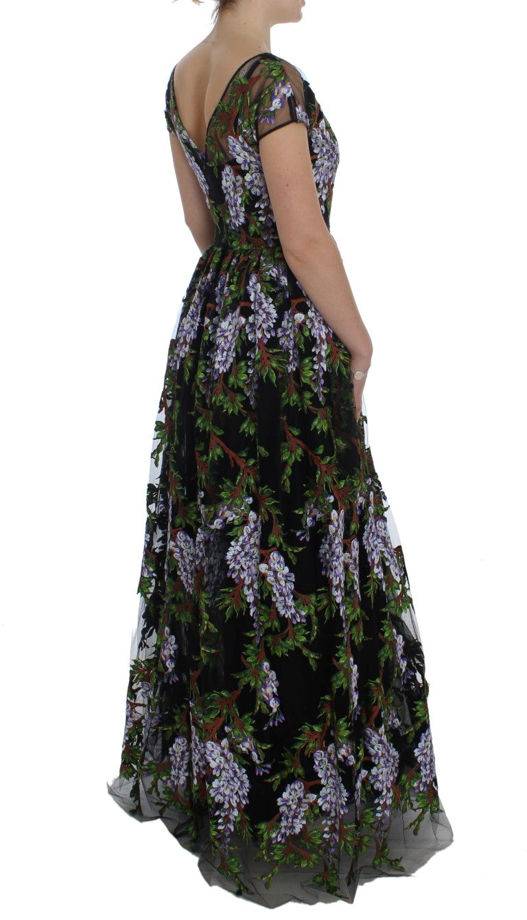 Schwarzes floral besticktes Maxikleid