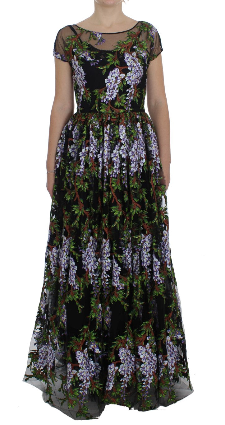 Schwarzes floral besticktes Maxikleid