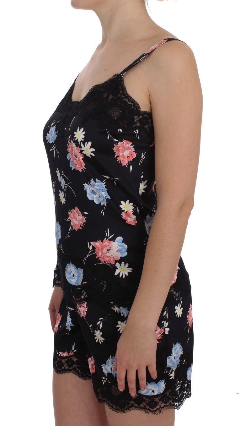 Schwarzes Seiden-Spitzen-Chemise-Dessous-Top