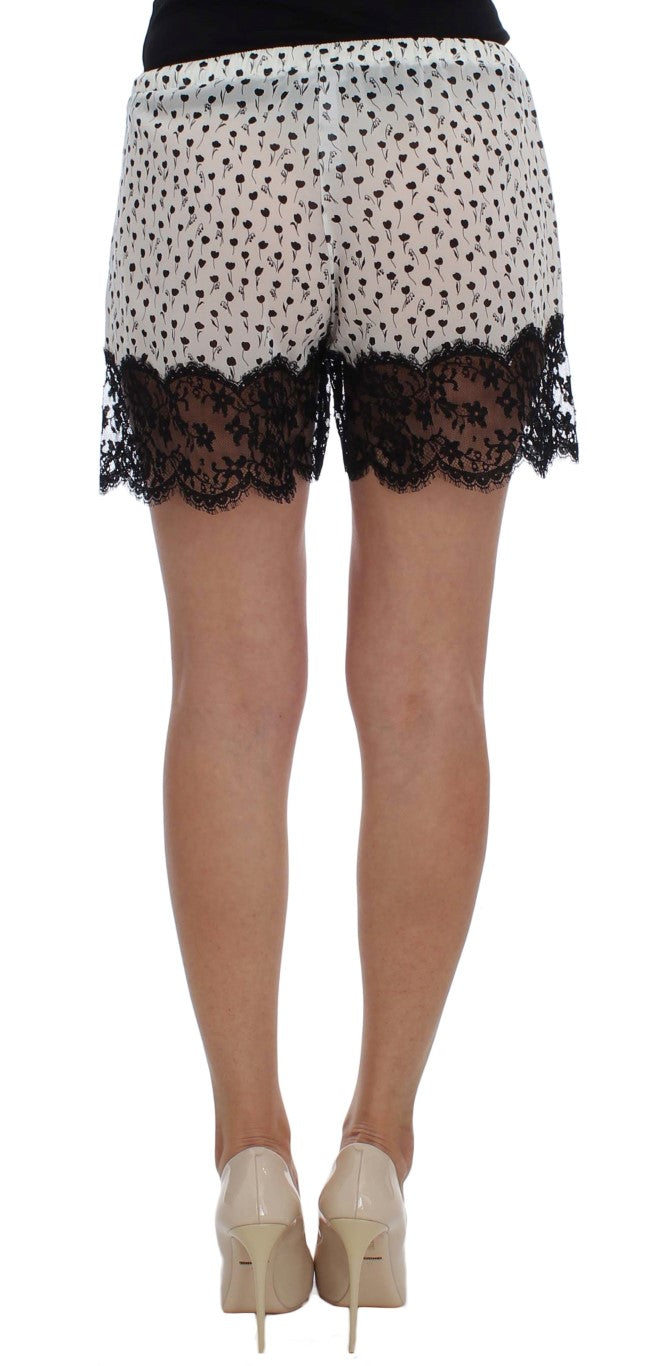 Weiß Schwarz Floral Spitze Seide Nachtwäsche Shorts