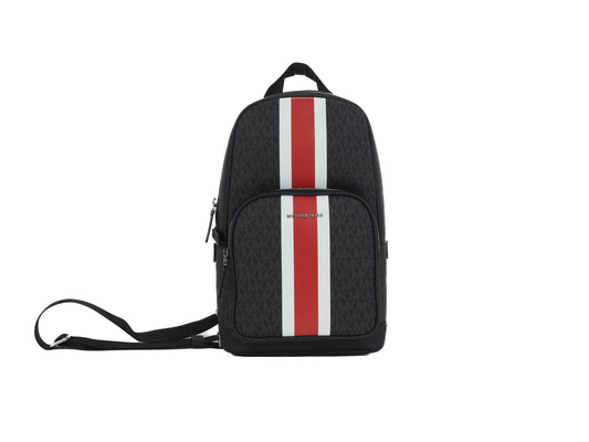 Cooper Medium Signature PVC Varsity Stripe Commuter Slingpack Crossbody Bag (Black Signature/Flame Red)