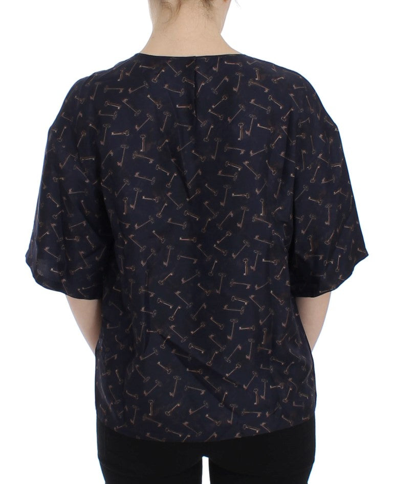 Blau-goldene Seidenbluse mit Schlüsseldruck