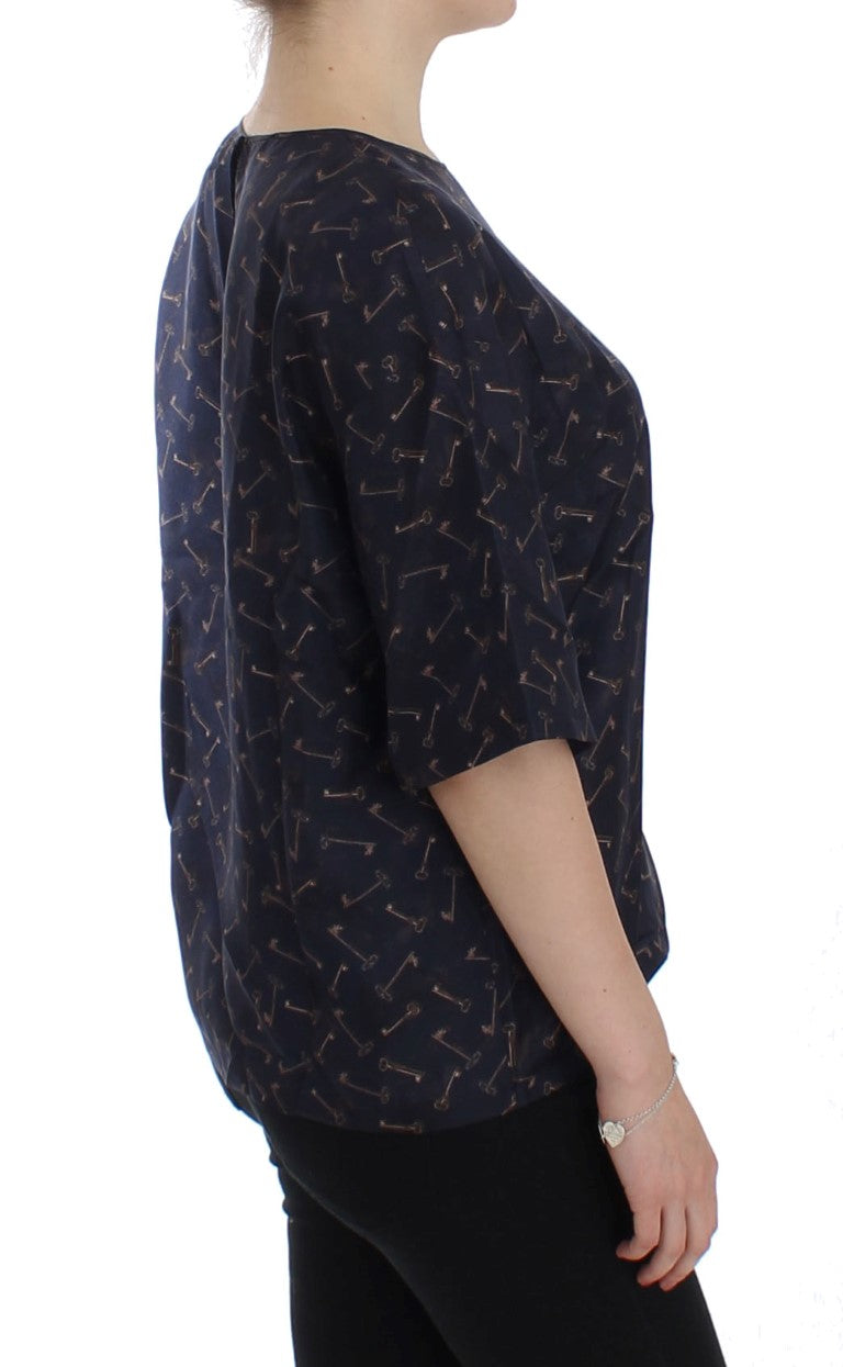 Blau-goldene Seidenbluse mit Schlüsseldruck